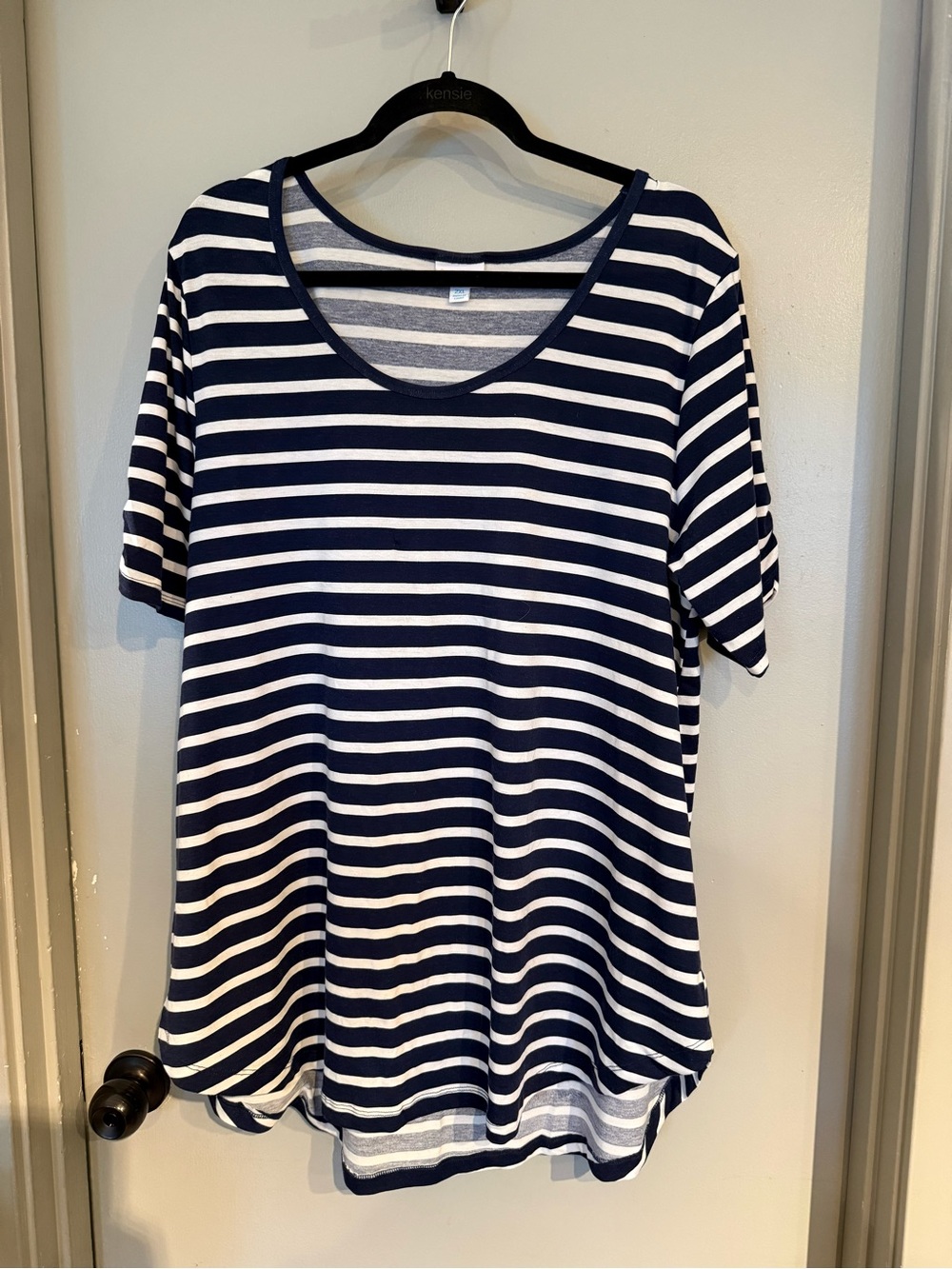 LuLaRoe Navy and White Striped Short Sleeve Scoop Neck Top